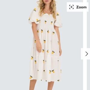 White Puff Sleeve Dress with pineapple Print embroidered smocked